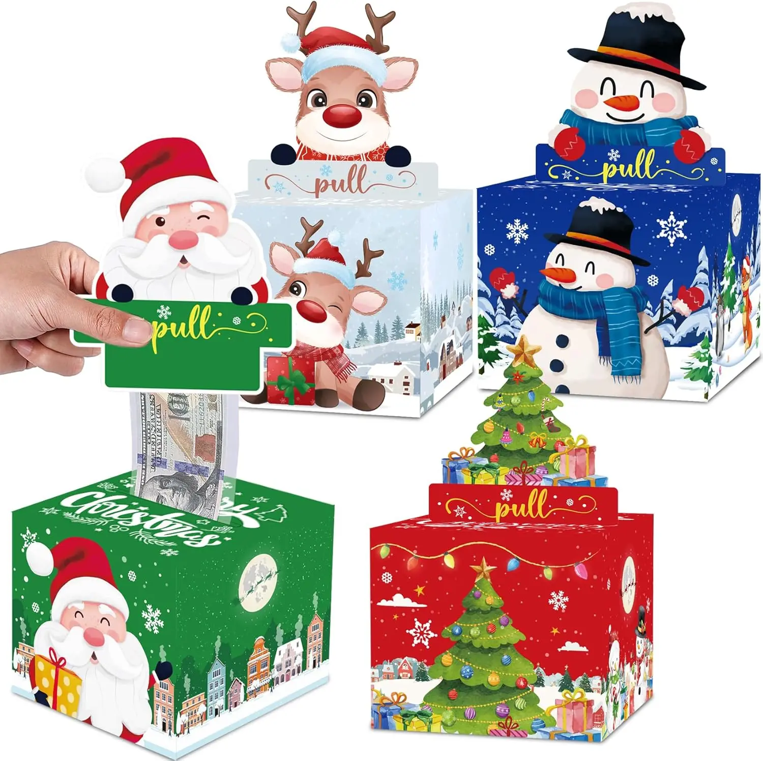 4 Pack Christmas Money Box for Cash Gift Pull Surprise Money Holder for Kids Adults with 200Pcs Transparent Bags Fun Ways to Give Cash As A Gift for Your Loved Ones