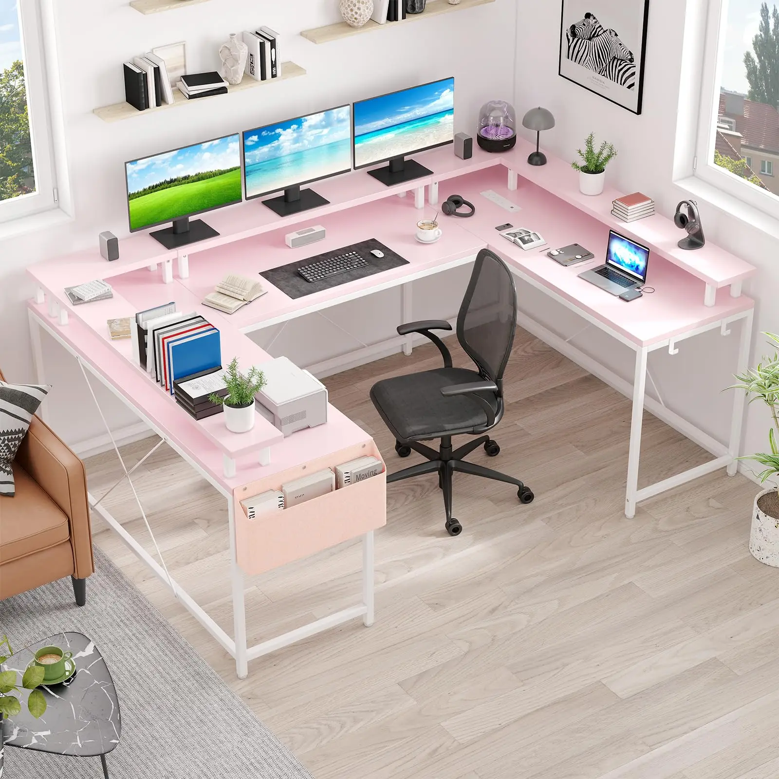 【GARVEE】- computadora en Forma de U con Tomas de Corriente y Luces LED, computadora Reversible en Forma de L de 79 Pulgadas, computadora esquinero, computadora de Oficina con Soporte Completo para