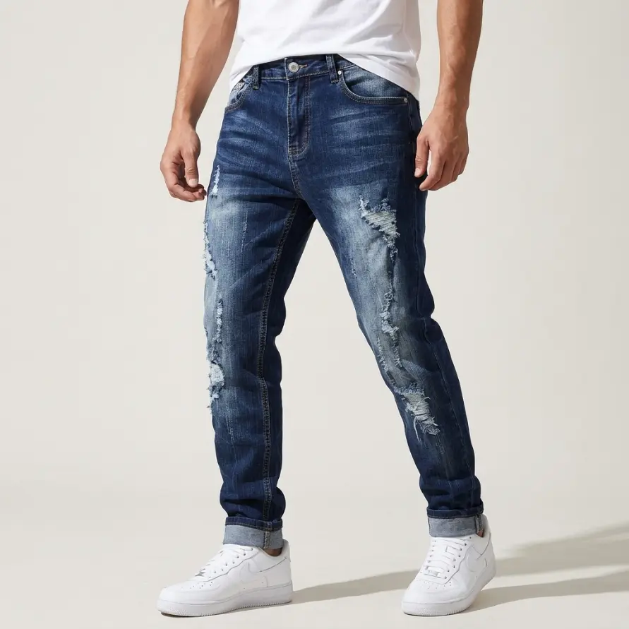 JUNBAOSS Menswear Men's Slim-Straight Fit Stretch Cotton Fabric Jeans - Plain Frayed-Leg Long Denim Trousers with Comfort Flex Waist, Zipper, Functional Pockets, Classic Personalized Hipster Bottoms for Daily Outdoor Use