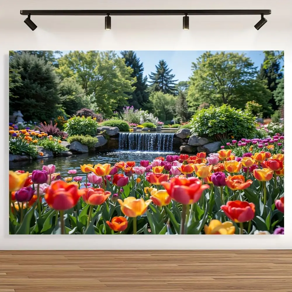 Durable 1-Piece Vibrant Floral Tulip Garden Backdrop Banner - Multi-Size, 100% Polyester, No Electricity Needed, Dense Greenery, Serene Waterfall, Outdoor Decor, Anniversary Party Supplies