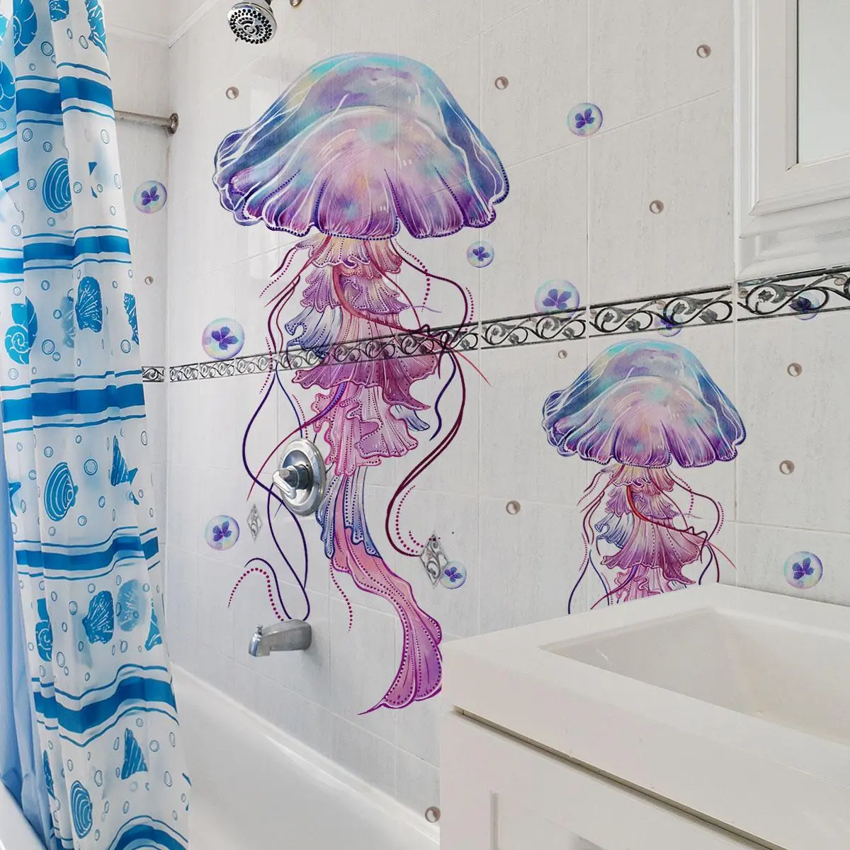 Jellyfish Pattern Bathroom Sticker, 4 Counts/set Self Adhesive Bathroom Decal, Decorative Sticker for Home Bathroom, Ornaments, Bathroom Accessories