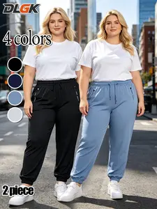 Elastic Fabric Plus Drawstring Waist Loose Fit Sports Pants, Women's Zip Pocket Joggers, Comfortable Casual Pants for Daily Wear