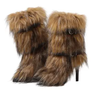 Women's Warm Winter Snow Stilettos Boots Mid-Calf Pointed Toe Furry High Heeled Christmas Holiday Boots Brown Fashionable Walking Shoe