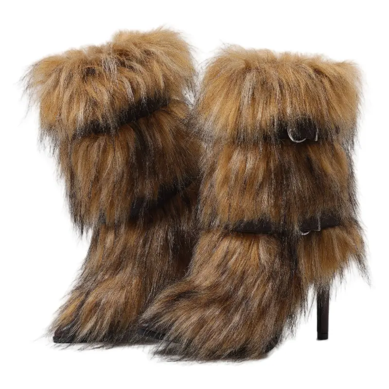 Women's Pointed-Toe Mid-Calf Furry High-Heel Snow Stilettos - Warm Pull-On Plain Christmas Winter Boots, Party Footwear for Ladies (Brown)