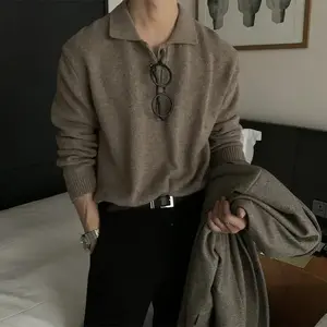 Men Korean Style Polo Neck Sweater Light Luxury Knitted Long Sleeve Pullover Casual Solid Color Streetwear Leisure Knitwear Menswear Tops