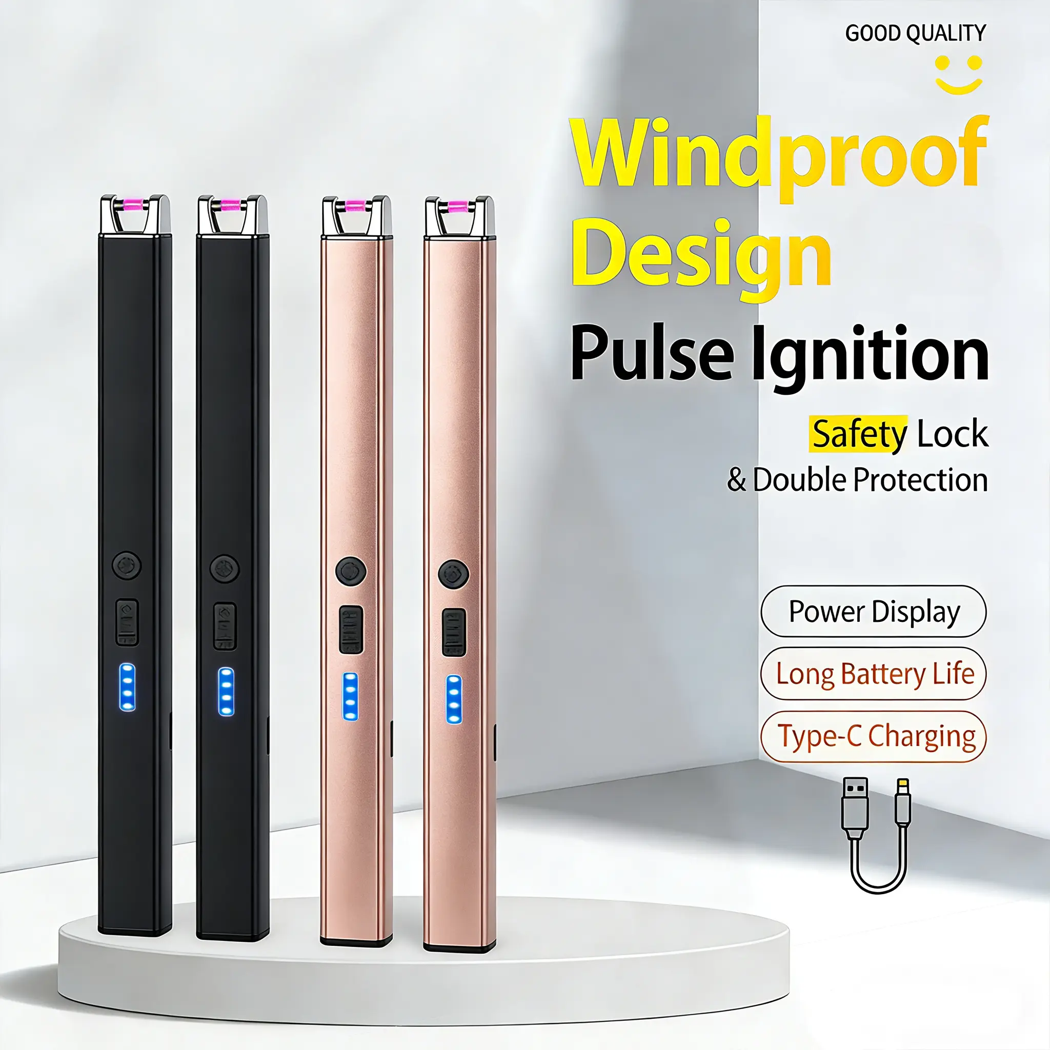 4-Pack USB Rechargeable Plasma Arc Lighters - Black, Lightweight, Flameless, Windproof, LED Power Display, Safety Switch, Lockable, LED Lights, Automatic Power Off, USB Port, Arc Igniter - Home Decor, Outdoor Candle Use, Flameless Candle Accessories