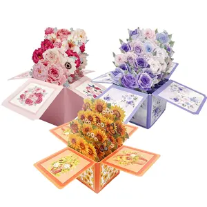 Handmade Flower Bouquet Pop Up Greeting Cards- 3D Blooming Love Greeting Card with Envelopes & Note Card, Perfect Gift for Spring Birthday, Mothers Day, Valentines Day, Anniversary, All Occassions (Sunflower Pink Purple)
