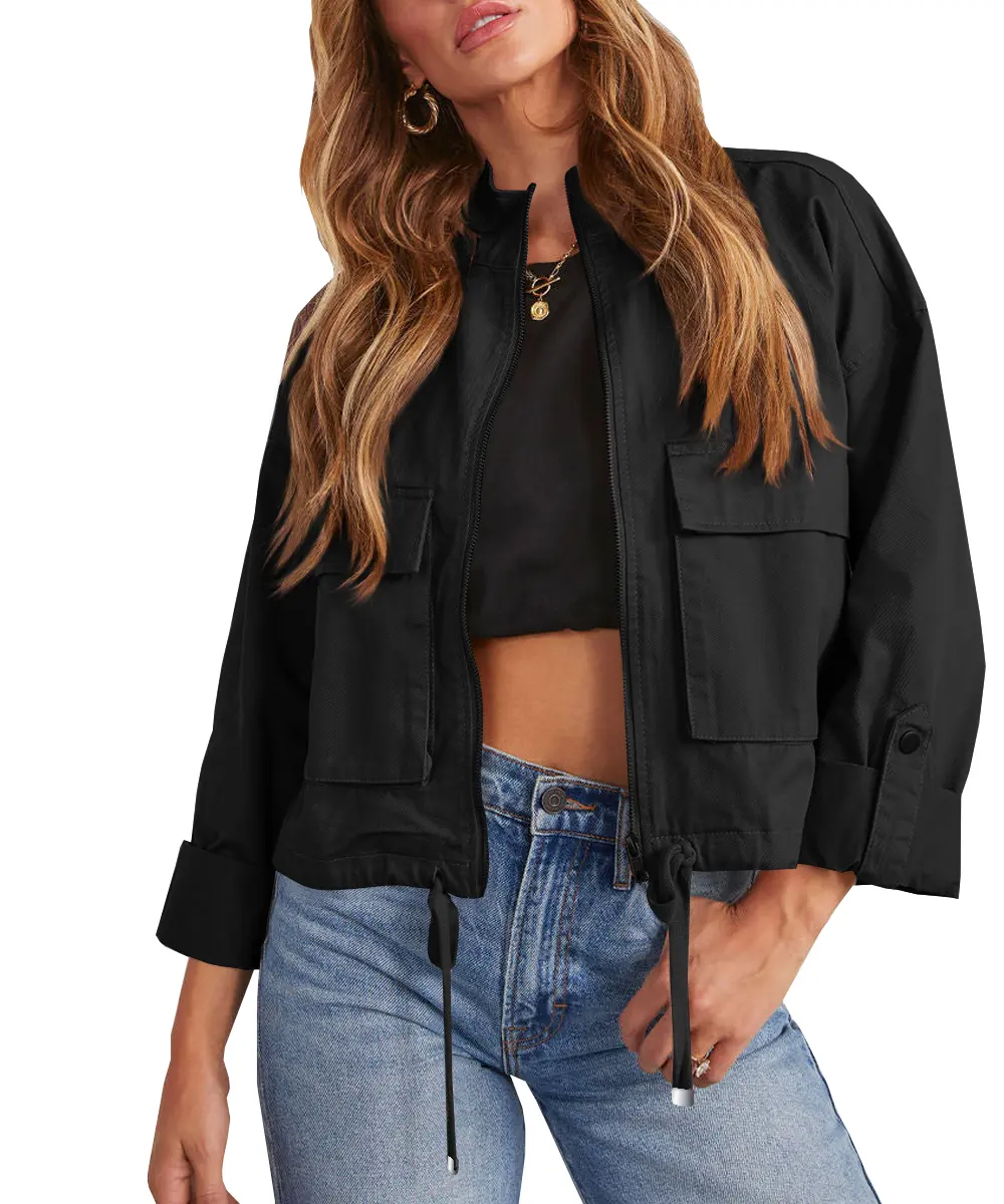 Women's 100% Cotton Fitted Crop Long-Sleeve Minimalist Utility Jacket - Basic Casual, Lightweight Zip-Up Military Safari Outerwear with Pockets, XX-Large, Tops, No