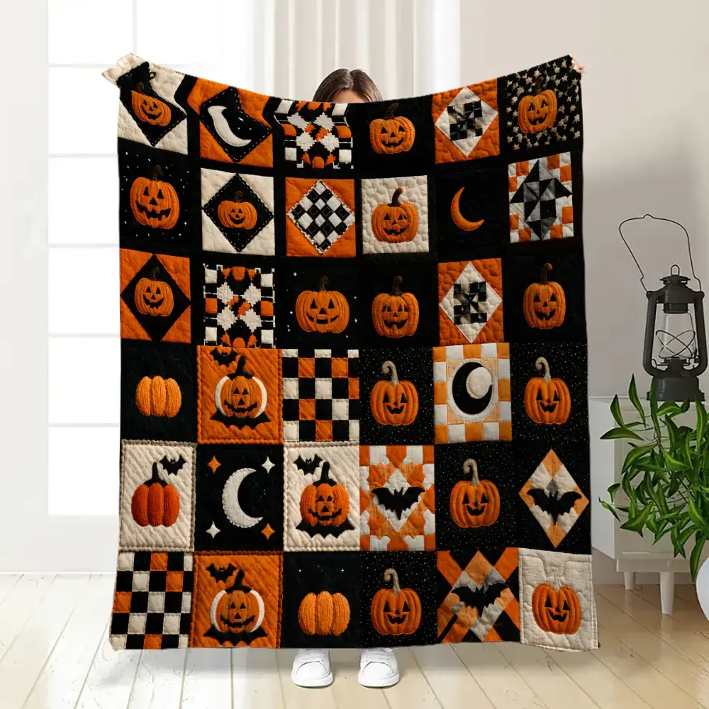 Modern Farmhouse 6×6 Quilt Patch Halloween Throw Blanket - Black,Cream,Orange Mixed Texture Grid,Jack-o'-Lantern,Crescent Moon,Bat,Buffalo Check,Argyle Flannel,Fleece,Soft,Kid-Friendly,All-Season Fall Bedroom Decor Gift