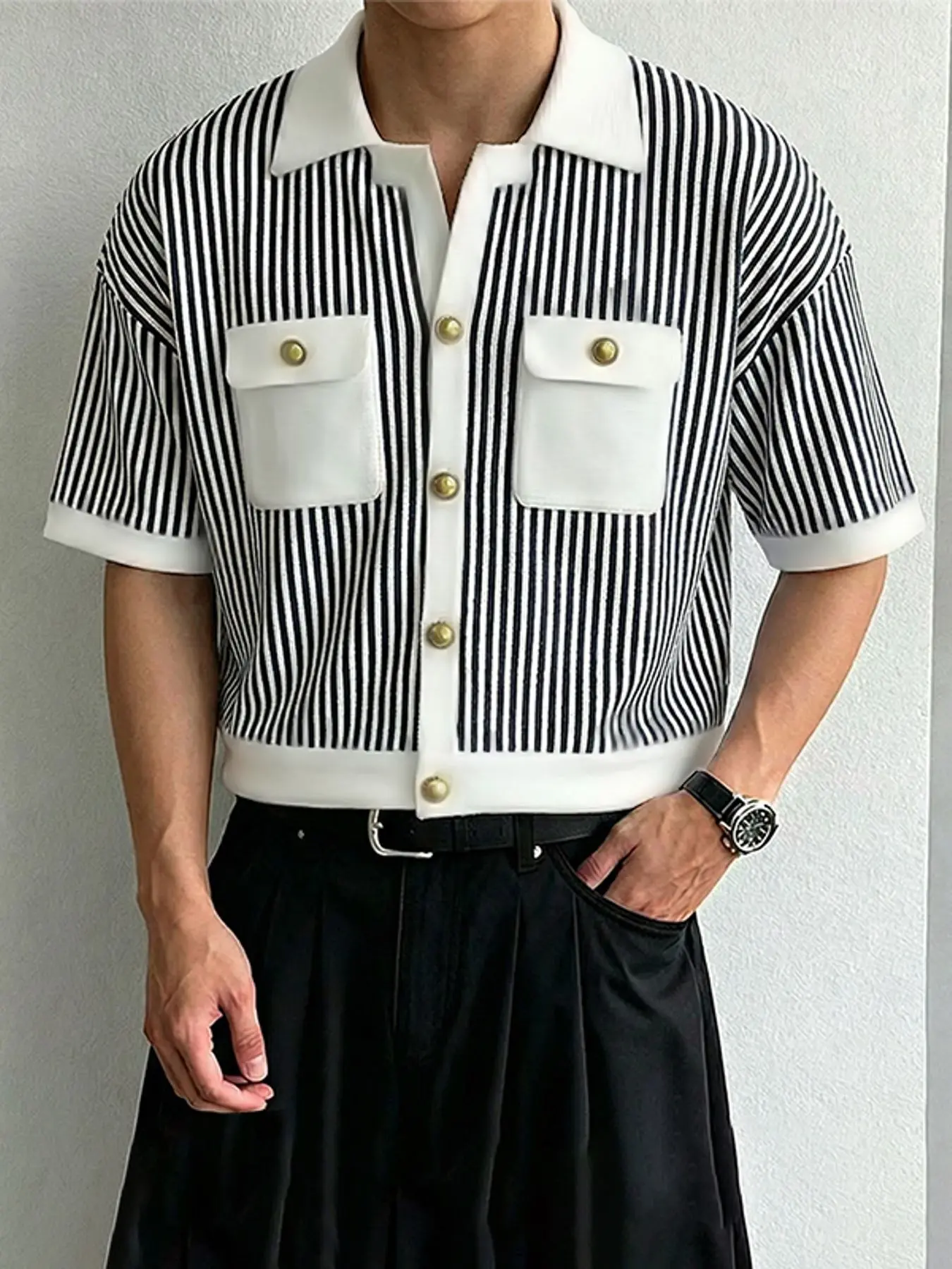 INCERUN Men's Fashion Striped Patchwork Colorblock Short Sleeve Casual Button Up Shirt, Summer Casual Design Button Collared Lapel Top, Daily Wear, Stylish and Comfortable, Casual Summer Clothes