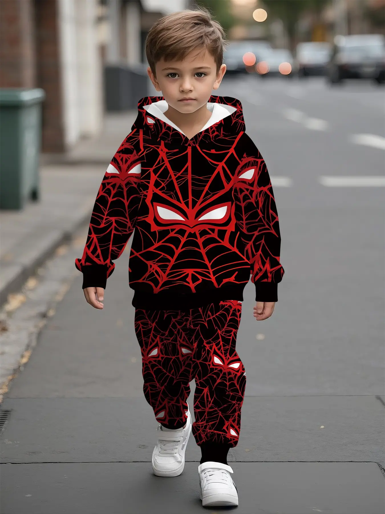 Full-print hooded sweatshirt matching set for baby boys with spider web mask digital print, Clothes Kids. This casual and comfy outfit is perfect for daily outings, making it a trendy and versatile gift for little boys.