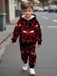 Full-print hooded sweatshirt set for baby boys with spider web mask digital print. This casual and comfy outfit is perfect for daily outings, making it a trendy and versatile gift for little boys.