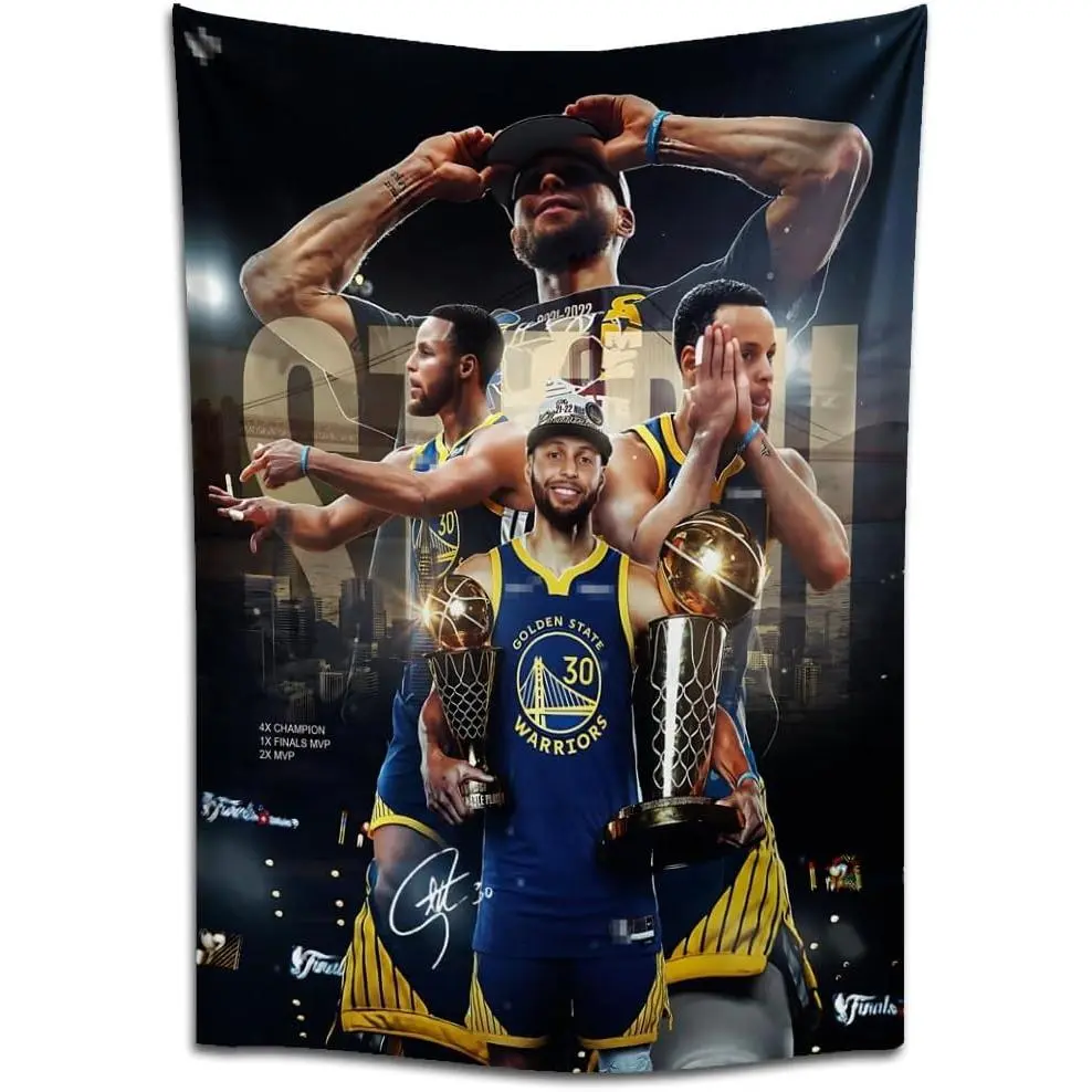 MENKARWHY Classic Strong Synthetic Polyester Skin Peach Print Stephen Curry Basketball Superstar Signed Wall Tapestry Poster, Decorative Wall Decor, 40x30in & 70x100cm Multi-Size, Machine Washable, Teen Boy Birthday Gift for Indoor Use