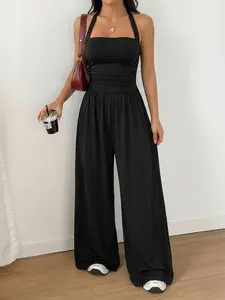 Black Halter Neck Ruched, High Waist Wide Leg Jumpsuit – Sleeveless Solid Color Jumpsuit for Women, Womenswear, Minimalist Casual Loungewear, Soft Stretchy Fabric, One-Piece Outfit, Versatile Daily & Vacation Wear for Females & Comfort Style Lovers