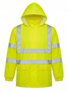 High Visibility Reflective Hooded Raincoat Jacket, 360 Degree Reflective Strips, Waterproof Windproof Fabric, Drawstring Hood Design, Lightweight Rain Coat