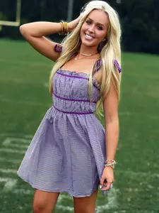 American Graham Apparel Purple Gingham Mini Dress - Comfortable Cotton Fit with Delicate Binding & Invisible Zipper Closure for Women's Casual Day Wear