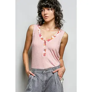 Women's POL Floral Edge Basic Knit Fabric Tank Top - Pink, Casual Everyday Essential