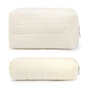 Makeup Bag Checkered Cosmetic Bag Plush White Makeup Pouch 1Pcs Large Capacity Makeup Bags and 1Pcs Makeup Brushes Storage Bag Travel Toiletry Bag Organizer
