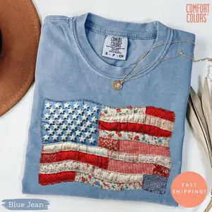 Comfort Colors Faux Patchwork American Flag T-Shirt, Vintage Faux Quilted USA Graphic Tee, 250th Years Patriotic Fourth Of July Shirt, Printed Shirt