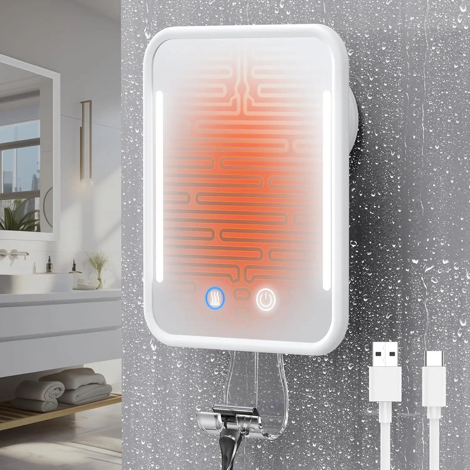 Heated Shower Mirror Fogless for Shaving with Light, 5000mAh Rechargeable , Detachable Suction Cup and Razor Holder for Wall, NO-Drilling, Removable,  for Bathroom - White