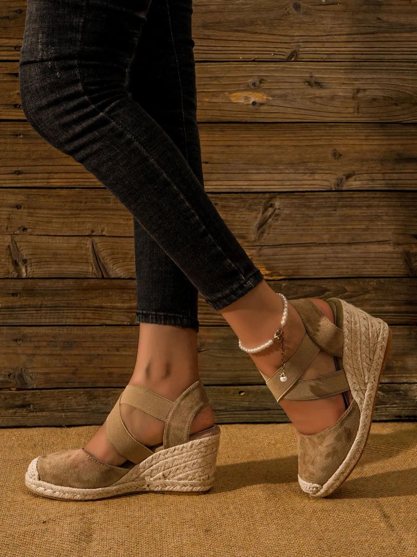 Women's Summer 2024 Fashion Classic Cross Strap Closed Toe Espadrille Wedge Sandals, Simple Plain Color & Leopard Print Decoration Strap, Elegant Sandals, Espadrilles Platform Sandals, Espadrille Wedges Sandals, Elevated Sandals