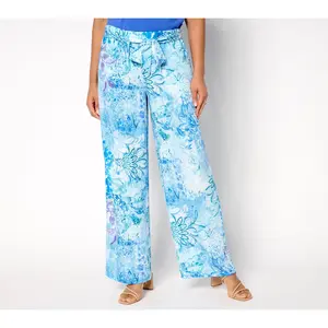 Susan Graver Petite Printed Dove Twill Wide-Leg Pants With Tie