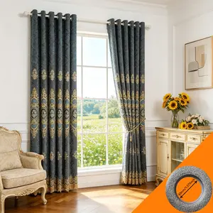Two-Piece Deep Blue Chenille Embroidered Blackout Curtains, European Luxury Living Room Insulating Fabric Drapes