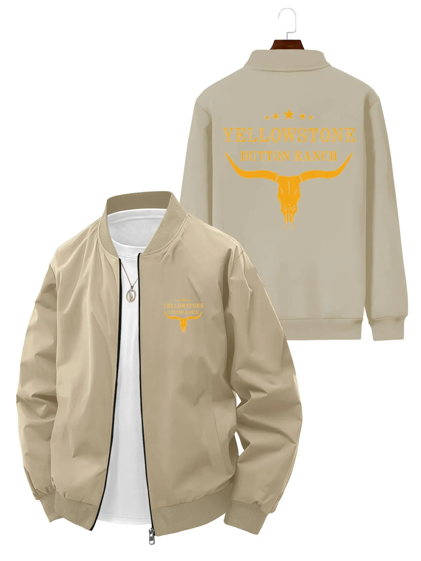 Casual Style Men's Yellowstone Dutton Ranch Bull Skull Printed Long Sleeve Baseball Jacket Coats Casual Outerwears Casual Fitted Jacket for Daily Wear and Outdoor Activities