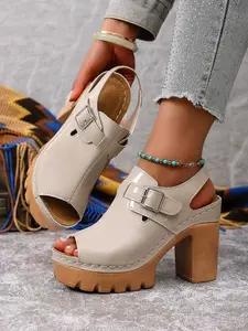 Summer New Women's PU Leather Fish Mouth Open Toe Platform Chunky High Heel Anti-Slip Thick Sole Classy Sandals, Casual Round Toe Shoes for Daily Wear, Thick Bottom Shoes