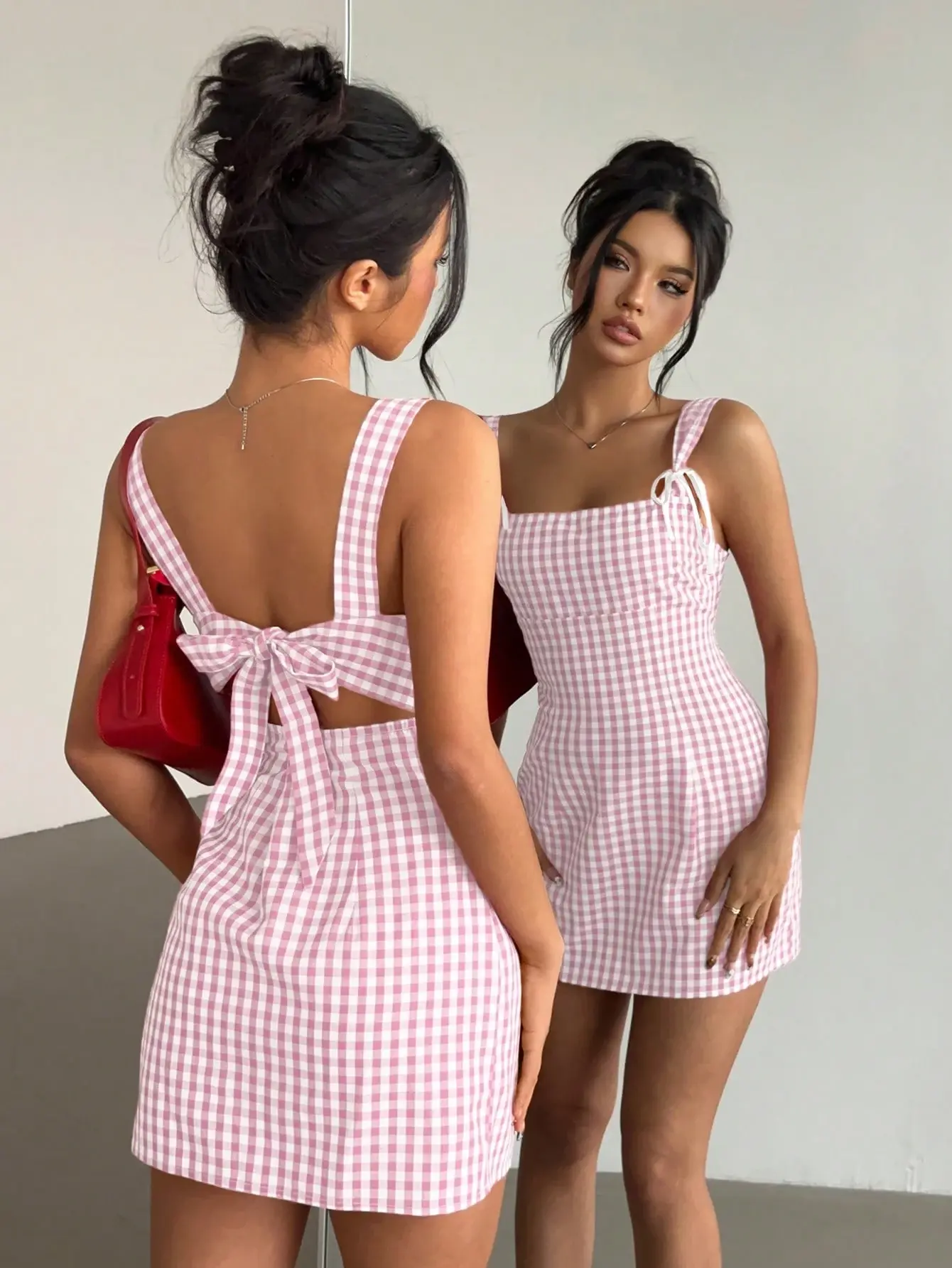 VYNCE Y2K Plaid Mini Camisole Dress Red White Bodycon Cute Pink Casual Summer Outfit Going Out Party Dress