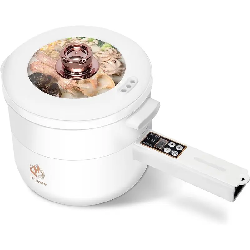 Drizzle Hot Pot Cooker Steamer 1.8L - Multifunctional Non-Stick Pan - Portable Ramen Cooker with Reservation & Overheating Protection - Suitable for Noodles Steak Eggs Pasta Oatmeal
