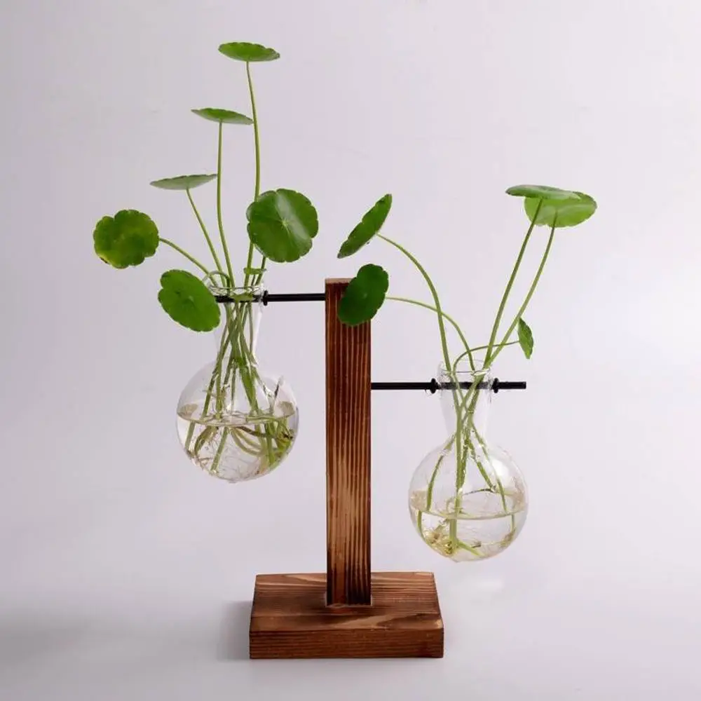Plant Terrarium With Wooden Stand, 1 Count Hanging Glass Plant Holder Ornament For Plant Propagation Office Home Decor With 2 Bulb Vase, Spring Home D