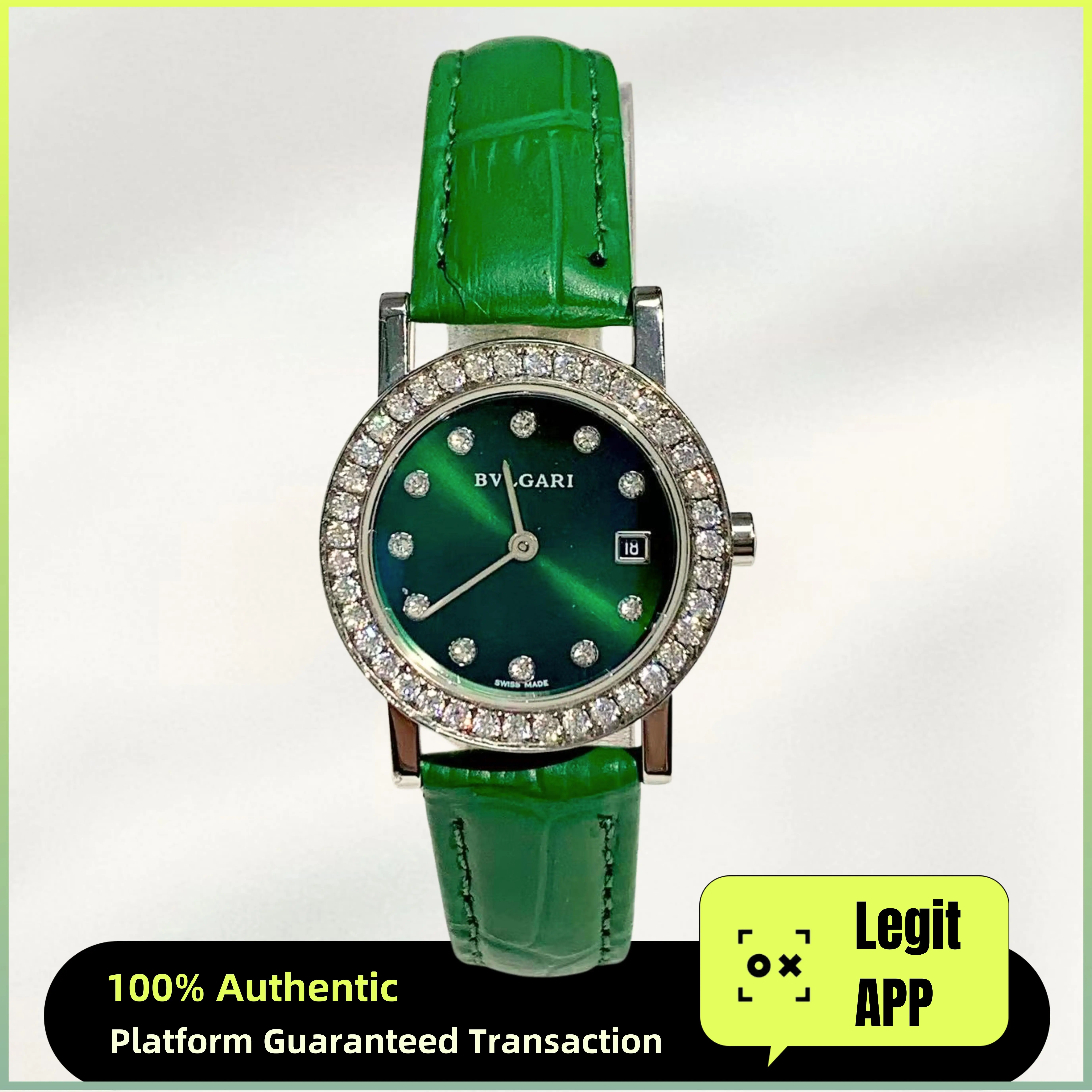 BVLGARI 26mm Stainless Steel Quartz Watch with Customized Green Dial and Aftermarket Diamond-Set Bezel 11882691