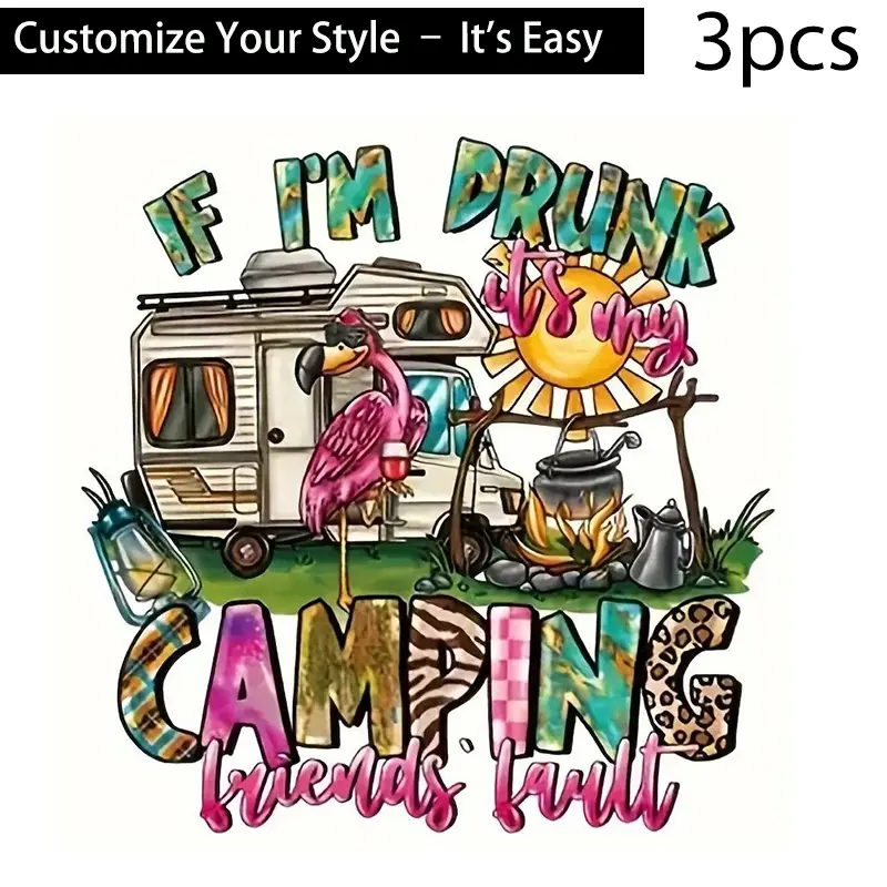 3pcs Camping Friends Fault Heat Transfer Stickers, High Definition, Tear-Resistant, DIY Iron-On Decals, Durable Plastic for T-Shirts, Pillows, Backpacks, Pants, Sofa Covers - Waterproof