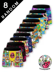 8 - pack random graffiti - designed men's boxer briefs, comic - style, rich in colors, trendy and personalized, mixed with multiple styles, elastic waistband for comfortable fit, breathable, casual style, daily wear and gifting, Stretchy Boxer Briefs
