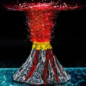 Aquarium Decorations, Air Stone Bubbler Volcano Shape Ornament Kit Set with Red LED Spotlight for Betta Aquarium Fish Tank