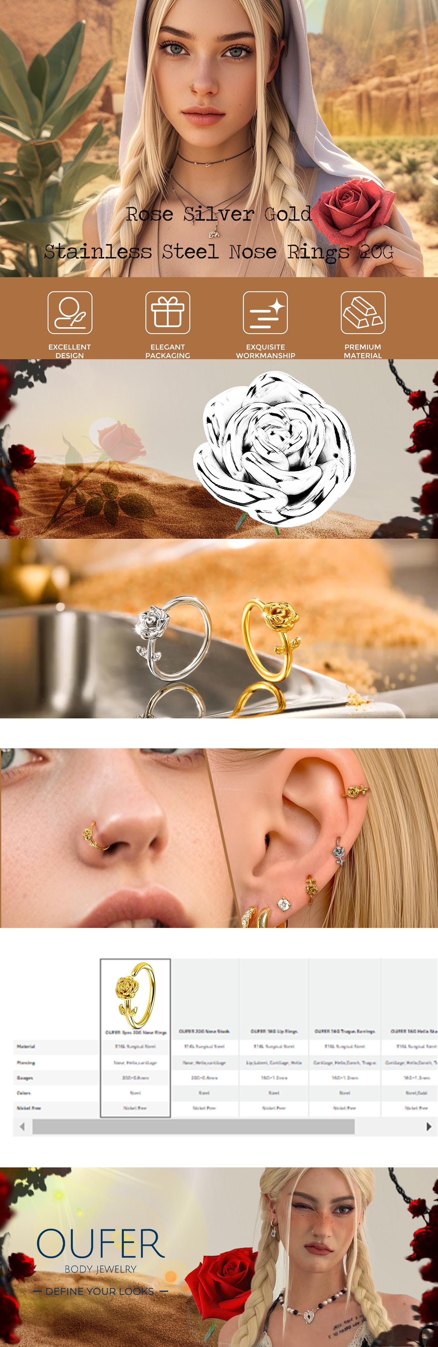 OUFER Body Jewelry 20G 316L Stainless Steel Seamless 3D Rose Nose Ring - 8mm Inner Diameter Nostril Piercing Hoop for Women