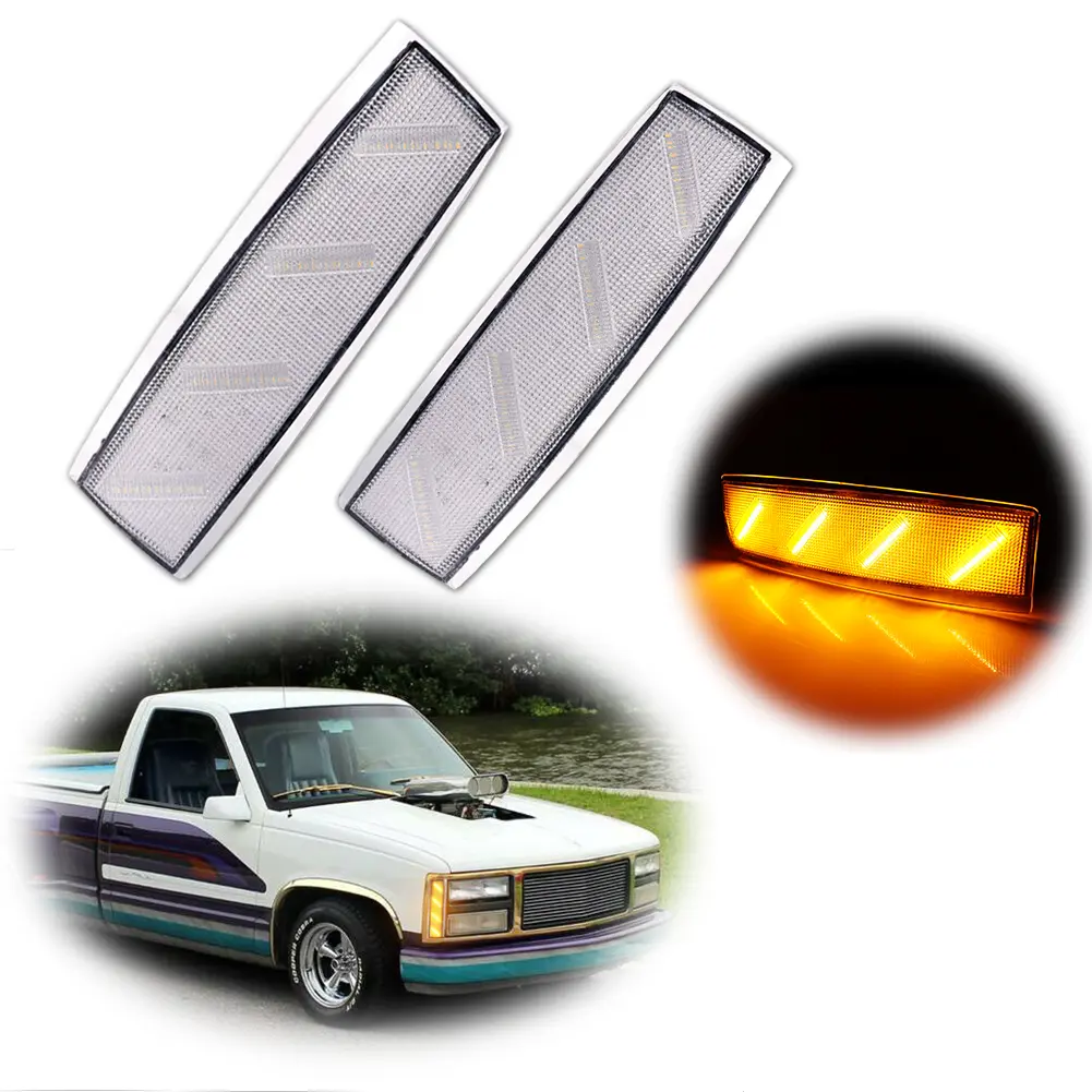 2pcs Clear Amber LED Front Side Marker lamps Corner Lights For 1988 1989 1990 1991 1992 1993 GMC C1500 C2500 C3500,Replace OEM 5975200, 5975199; GM2551141, GM2550141