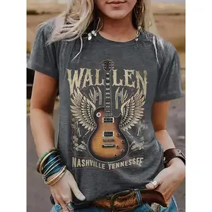 Women’s guitar print crew-neck T-shirt, spring casual short-sleeve crew-neck T-shirt, everyday fashionable women’s top GARMENTARY
