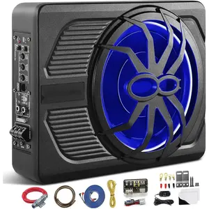 2025 Advanced 10" 1000W Slim Under Seat Powered Car Subwoofer, High/Low Level Input, Car/Truck Audio Sub Built-in Amplifier amp Combo Package, with Blue LED Light