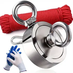 Sided Neodymium Fishing Magnet, Attach 20 meters of red rope and gloves, Combined Pulling Force, Super Strong Fishing Magnet, Diameter 1.88inch (48mm), Perfect for Retrieving in River and Magnetic Fishing, Neodymium Magnets