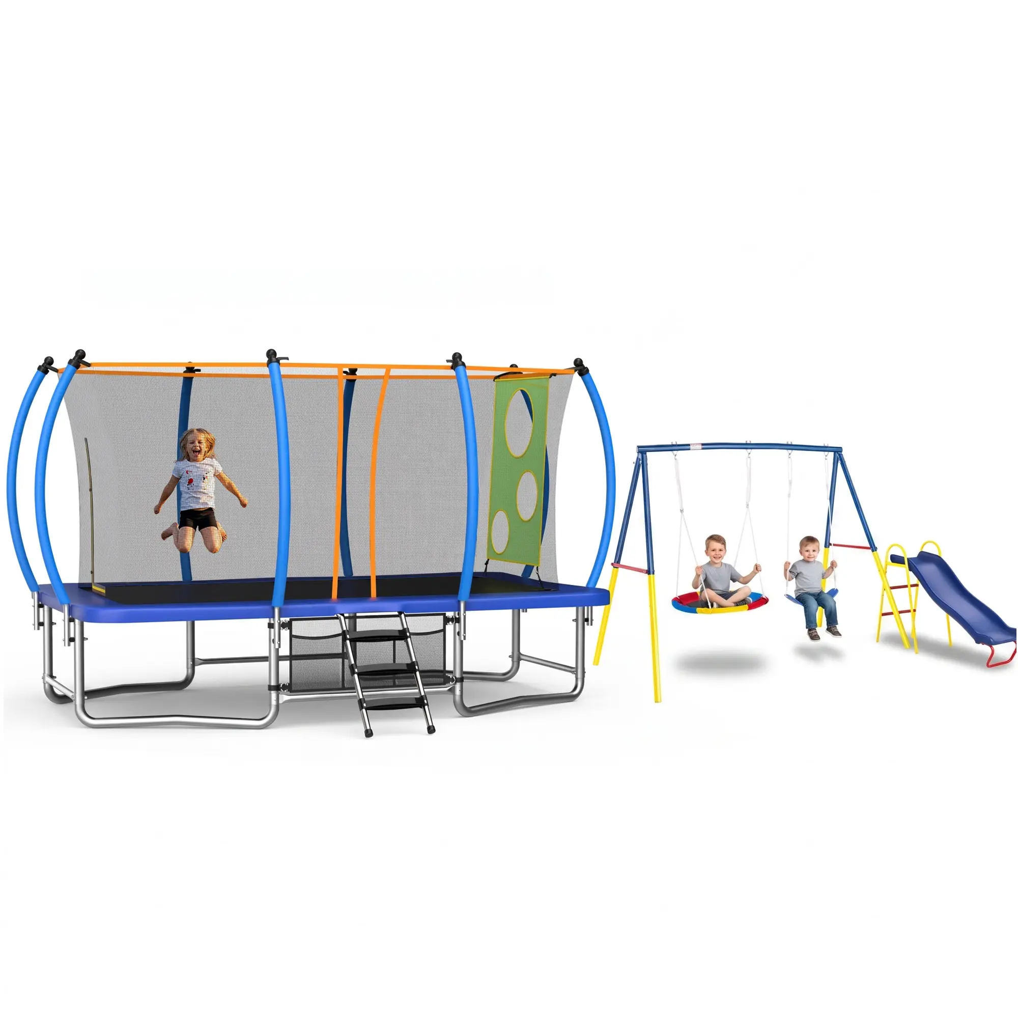 Mersco 10X16FT 3‑in‑1 Rectangular Trampoline Combo with Swing & Slide, Outdoor Tumbling Trampoline with Safety Enclosure Net, Ladder, Backyard Heavy‑Duty Metal Playset for Kids & Adults, ASTM Certified