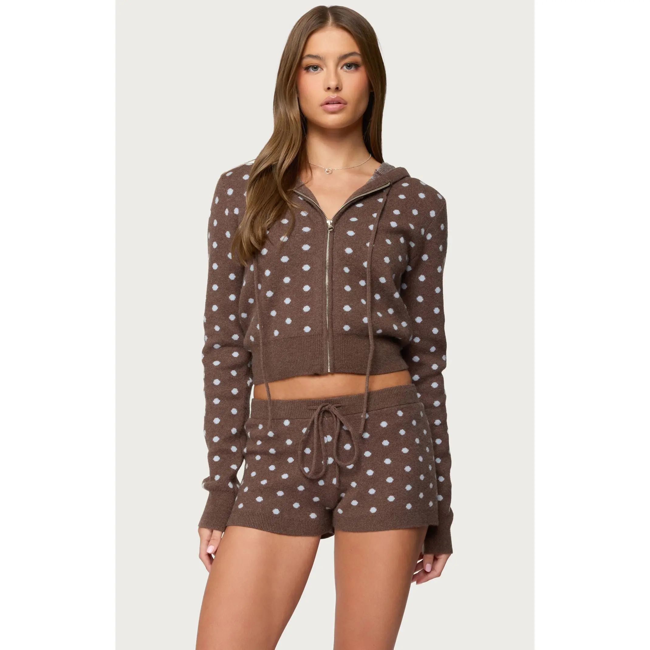 Edikted Women's Kenny Polka Dot Knit Zip Up Hooded Cardigan