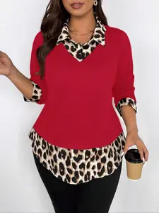 Plus Size Women's Casual Fitted Leopard Printed Patchwork Two-Piece Shirt Set, Long Sleeve Summer Fashion Top, Comfortable and Stylish, Perfect for Daily Wear, Lady, Womenswear