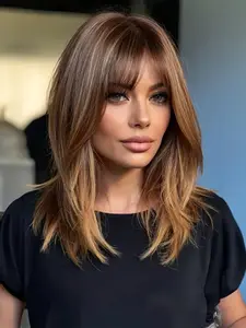 20 Inch Ombre Golden Synthetic Wig for Women, Comfortable Long Curly Bangs Perfect for Music Festivals & Mother's Day Gift, Summer Style, Balayage Highlight Wigs