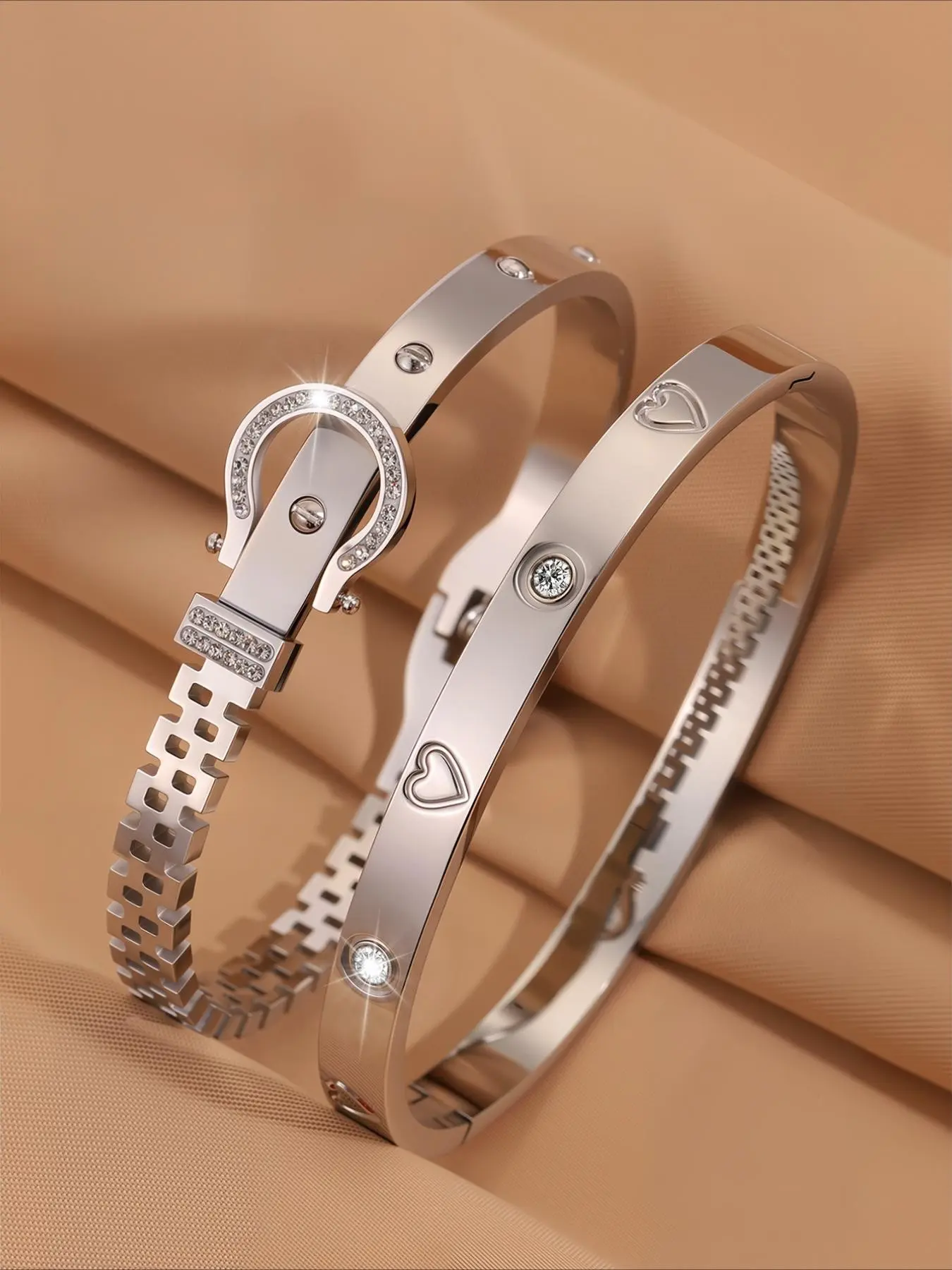 2pcs charming and elegant stainless steel classic design bracelet, suitable for daily commuting scenes, a cool gift to enhance the look, Elegant Minimalist Bangle, Stainless Steel Wrist, Bangle Jewelry, Bracelet Sets