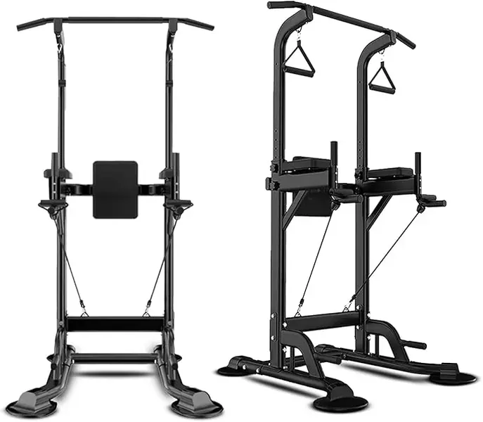 Adjustable Height Power Tower Machine with Pull Up Bar, Exercise Bar, Dip Station - Home Gym Accessory for Strength Workout Equipment