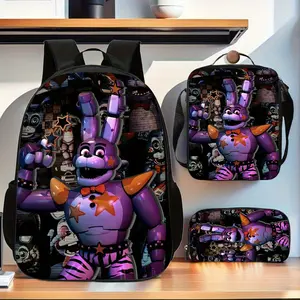 Durable Water Resistant 3-Piece Backpack Set for Kids, Lightweight School Bag with Lunch Box, Packed with Eye-Catching Bold Purple Striped Robot Animal Full-Print Design, Star & Bow Decor Graphic Pattern, Trendy Dark Retro Background Allover Printing for