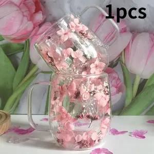 1pcs 350ML Small Fresh Dried Flower Cup Dual-Layer Glass Mug, Stylish Drinkware for Daily Use, Perfect Gift Idea, Insulated Glass Cup, Stylish Glass Cups