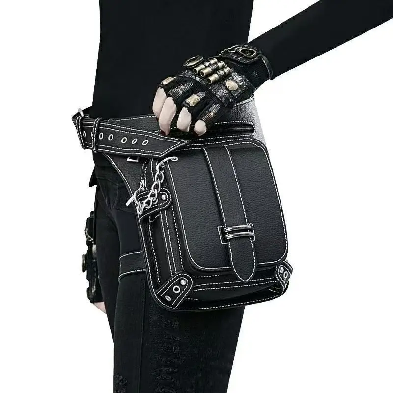Unisex WOMEN'S PU leather black and white stitching waist bag, purse, motorcycle bag, Riding Waist Bag, Waist Bag Holder